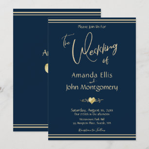 Invitation Mariage élégant Marine et Gold