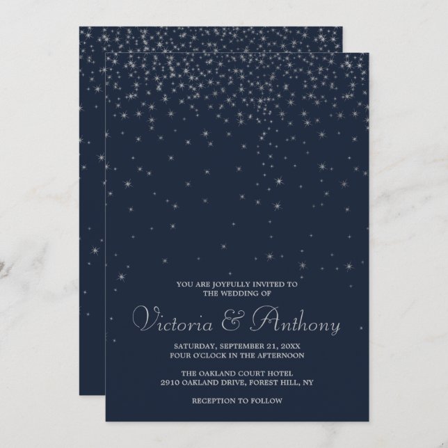 Invitation Mariage Elegant Marine & Silver Falling Stars (Devant / Derrière)