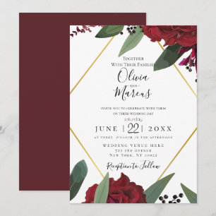 Invitation MARIAGE   Elégant Marsala Bourgogne Floral Rouge