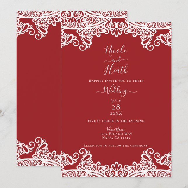 Invitation Mariage Élégant Mascarade Rouge & Blanc (Devant / Derrière)