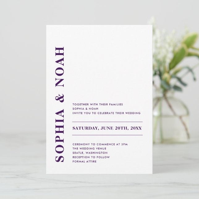 Invitation Mariage élégant minimal moderne blanc & violet (Debout devant)