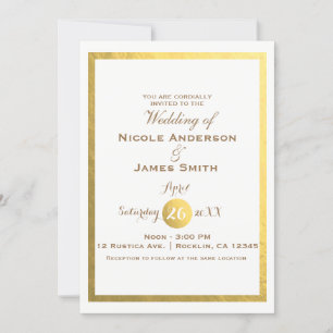 Invitation Mariage Élégant Minimaliste Blanc Feuille Dorée Fa