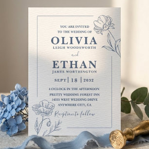 Invitation Mariage Élégant Minimaliste Esquisse Florale Bleue