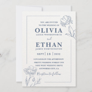 Invitation Mariage Élégant Minimaliste Esquisse Florale Bleue