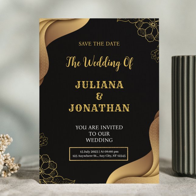 Invitation Mariage élégant moderne Black Gold Floral (Créateur téléchargé)