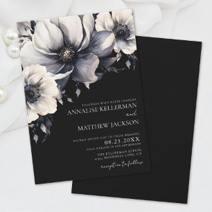 Invitation Mariage Élégant Moderne Blanc Fleurs Noires