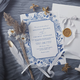 Invitation Mariage Élégant Moderne Chic Floral Bleu Vintage
