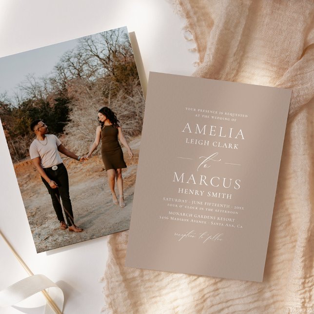 Invitation Mariage Élégant Moderne Écriture Clair Taupe (This elegant light taupe invitation features a modern script and a custom photo back.)