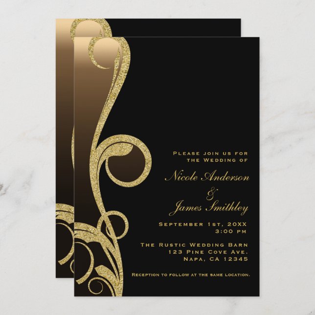 Invitation Mariage élégant moderne en noir et bronze doré en  (Devant / Derrière)
