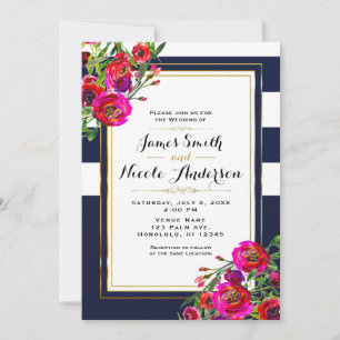 Invitation Mariage Élégant Moderne Fleur Bleue & Or Gras