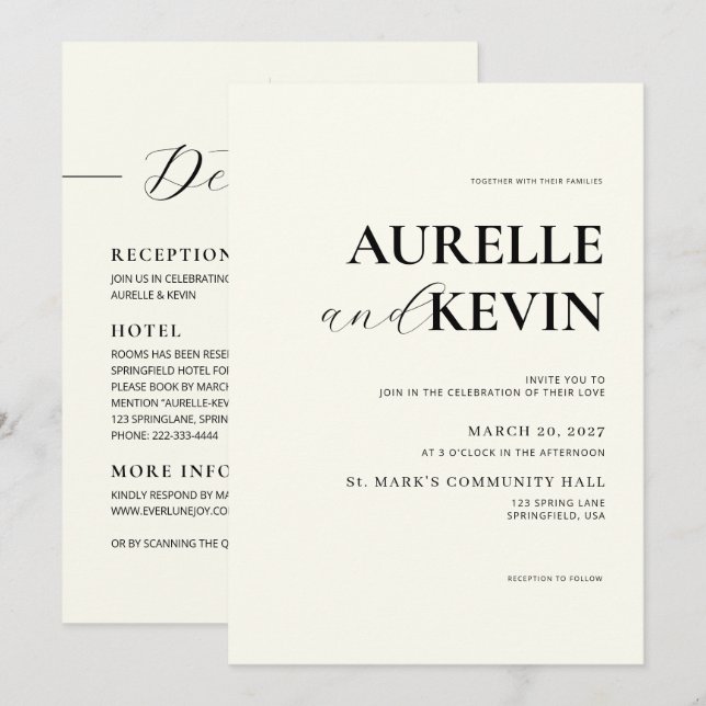 Invitation Mariage élégant moderne minimaliste Code QR ivoire (Devant / Derrière)