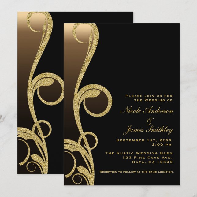 Invitation Mariage élégant moderne noir et bronze doré en spi (Devant / Derrière)
