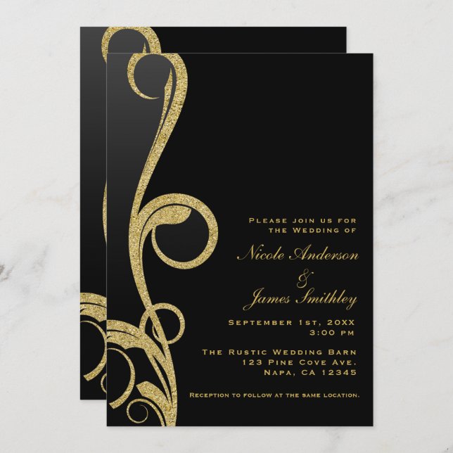 Invitation Mariage élégant moderne noir et or avec motif en s (Devant / Derrière)