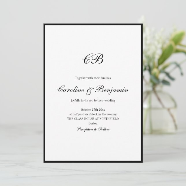 Invitation Mariage Élégant Monogramme Blanc avec Bordure Noir (Debout devant)