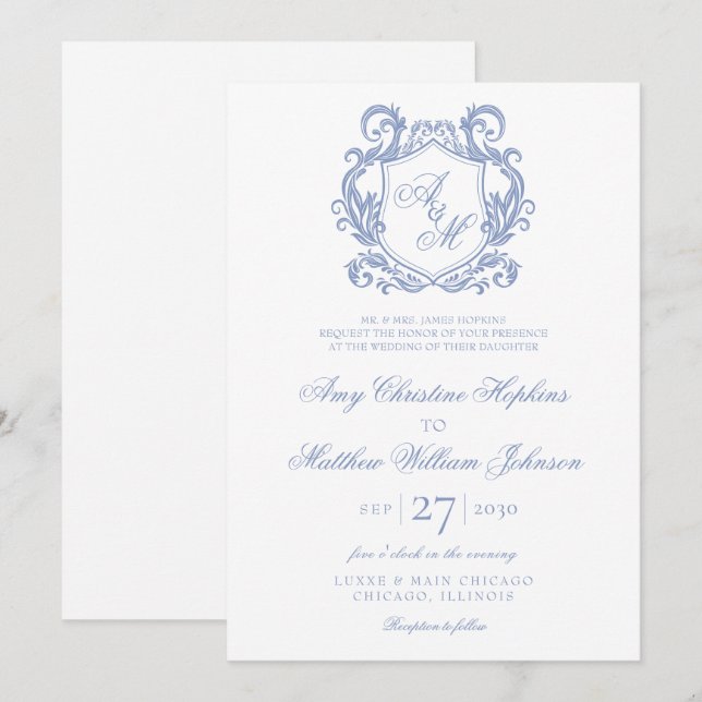 Invitation Mariage Élégant Monogramme Bleu Poussiéreux Blason (Devant / Derrière)