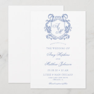 Invitation Mariage Élégant Monogramme Bleu Poussiéreux Blason