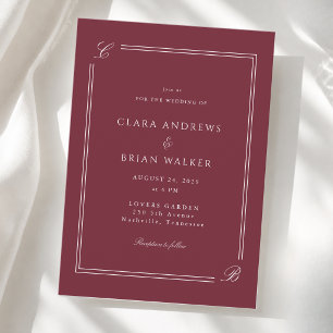 Invitation Mariage Élégant Monogramme Bordeaux Bordure Blanch