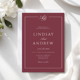 Invitation Mariage Élégant Monogramme Bordure Bordeaux Blanc