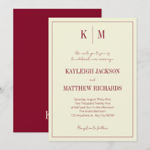Invitation Mariage Élégant Monogramme Bourgogne Ivoire