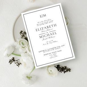 Invitation Mariage Élégant Monogramme Classique Blanc Noir