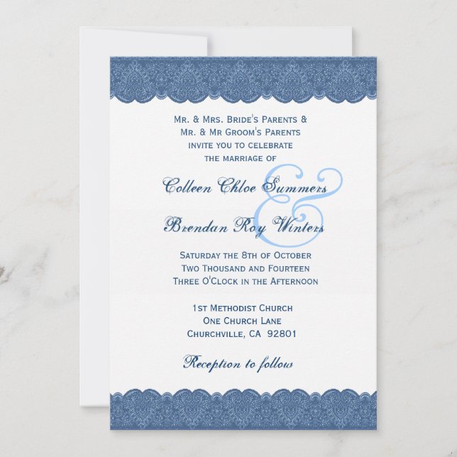 Invitation Mariage Élégant Monogramme de dentelle bleue et bl (Devant)