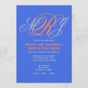 Invitation Mariage Élégant Monogramme Royal Blue Grey Coral