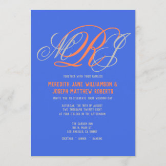 Invitation Mariage Élégant Monogramme Royal Blue Grey Coral