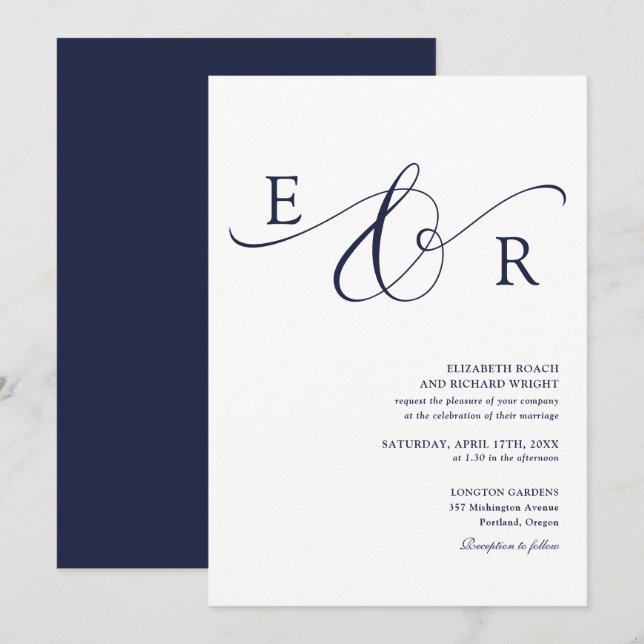 Invitation Mariage Élégant Monogramme Script Bleu Nuit (Devant / Derrière)