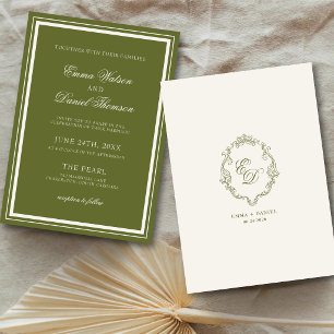 Invitation Mariage Élégant Monogramme Vert Olive