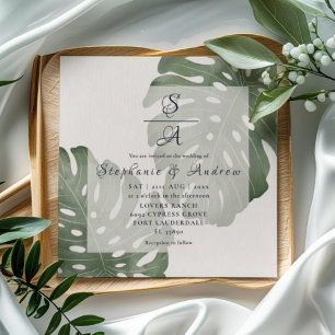 Invitation Mariage élégant Monstera vert émeraude