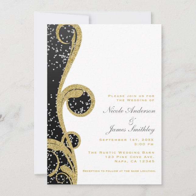 Invitation Mariage Elégant noir argent blanc (Devant)