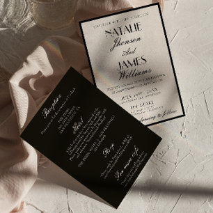 Invitation Mariage Élégant Noir Blanc Ancien Argent Tout En U