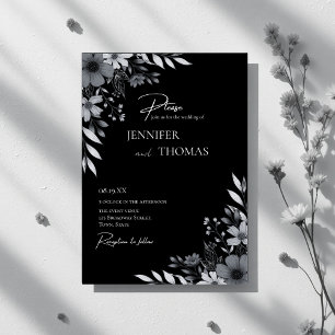 Invitation Mariage Élégant Noir & Blanc Floral Dessiné à la M