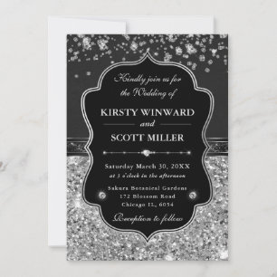 Invitation Mariage Élégant Noir et Argent avec Diamants