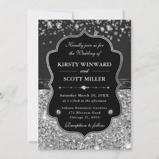Invitation Mariage Élégant Noir et Argent avec Diamants