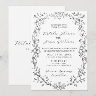 Invitation Mariage Élégant Noir Et Blanc Floral Old Money