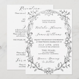 Invitation Mariage Élégant Noir Et Blanc Floral Tout En Un