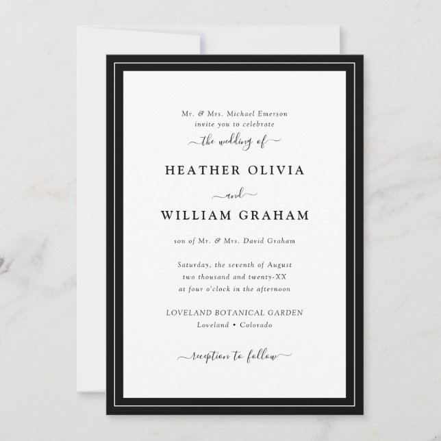 Invitation Mariage élégant noir et blanc Script (Devant)