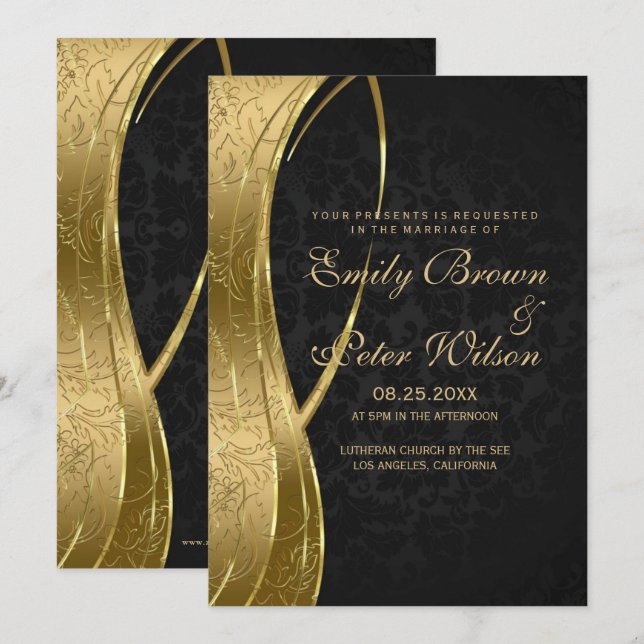 Invitation Mariage élégant noir et or damassé (Devant / Derrière)