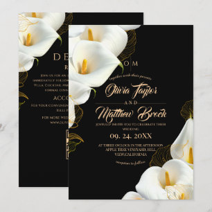 Invitation Mariage Élégant Noir Moderne Floral Tout en Un