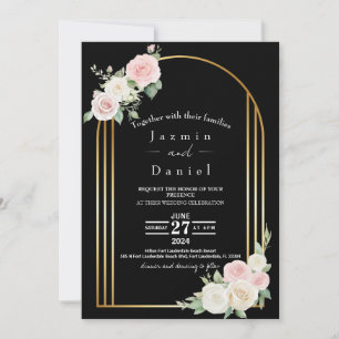 Invitation Mariage Élégant Noir Or Archée Rouge & Rose Crème