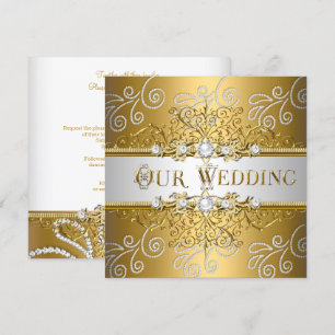 Invitation Mariage Élégant Or Argent Dentelle Diamant