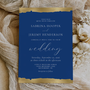 Invitation Mariage élégant or bord déchiré bleu indigo