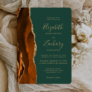Invitation Mariage Élégant Or Rouille Agate Vert Foncé Arrond