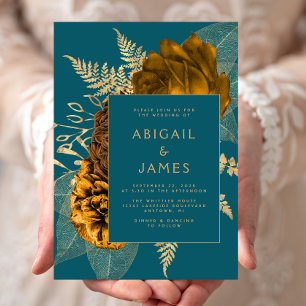 Invitation Mariage élégant orange brûlé or floral bleu sarcel