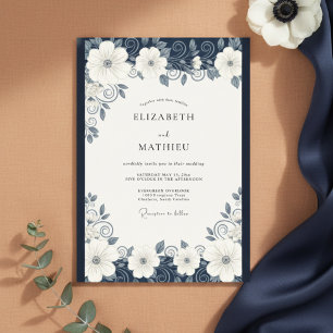 Invitation Mariage Élégant Orné Bleu Marine