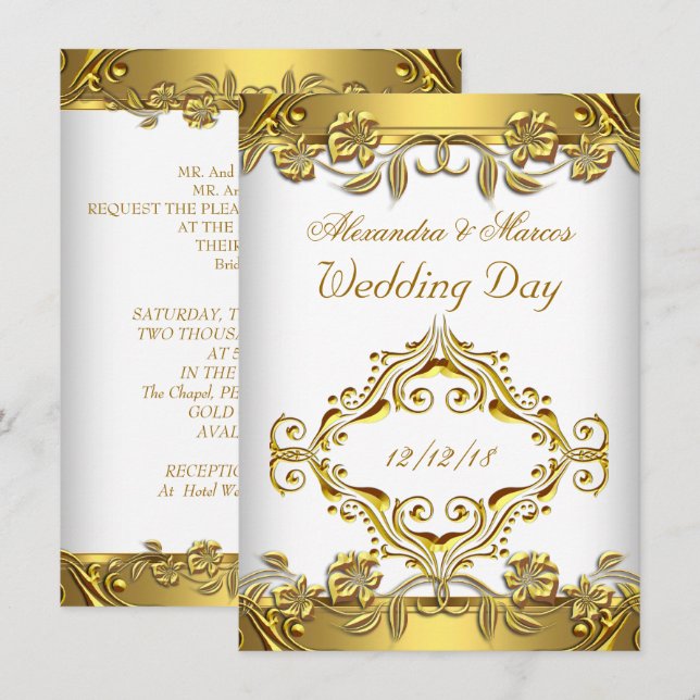 Invitation Mariage élégant Orné Floral Blanc Or 2 (Devant / Derrière)