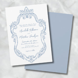 Invitation Mariage Élégant Orné Vintage Bleu Poussiéreux