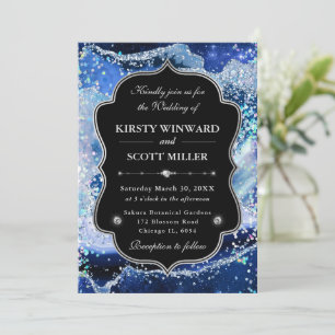 Invitation Mariage Élégant Paillettes Agate Bleu & Argent