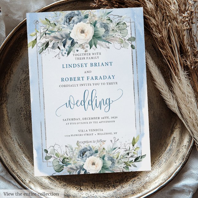 Invitation Mariage élégant Pastel Bleu Blanc Fleurs d'argent (Stylish Pastel Blue White Silver Flowers Wedding Invitation)